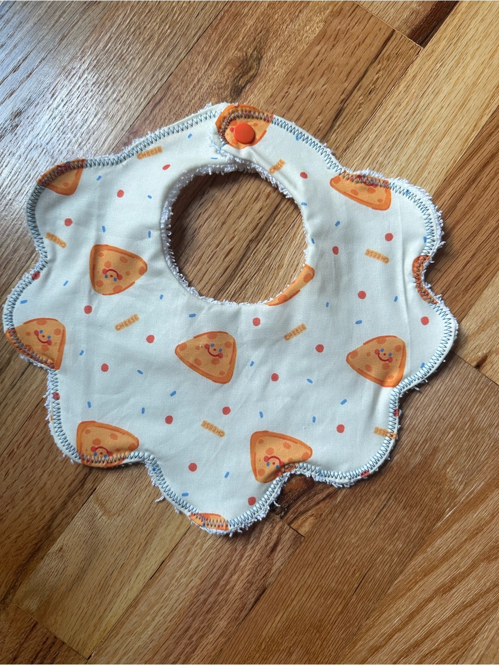 Baby Pizza Print Orange Trim Scalloped Bib